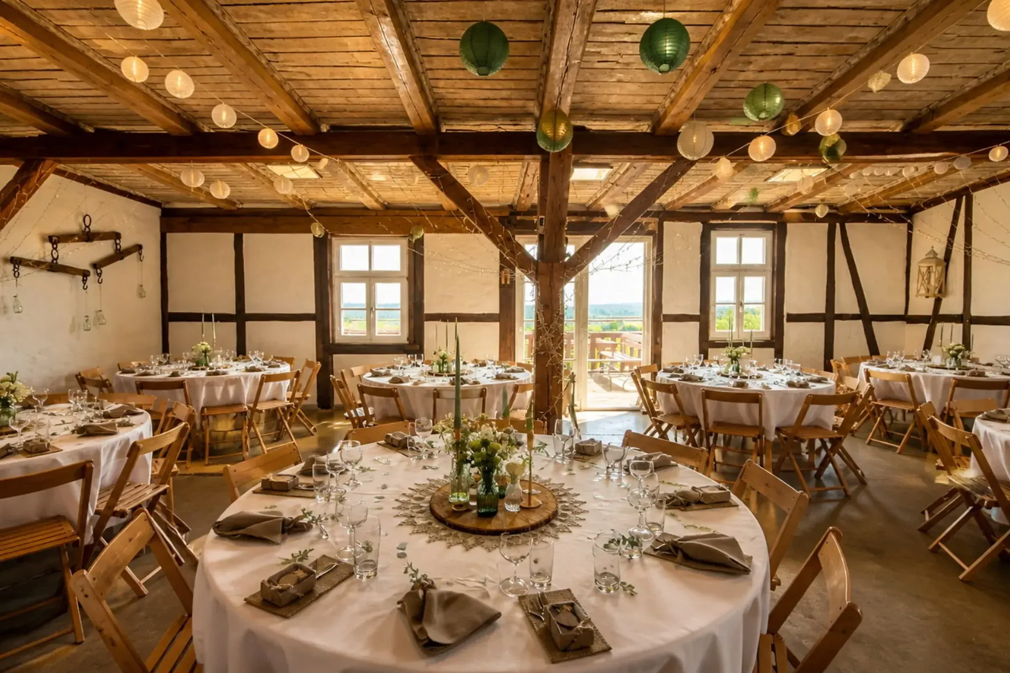 Festlich gedeckter Fachwerksaal mit runden Tischen, Lampions und Blick zur Terrasse