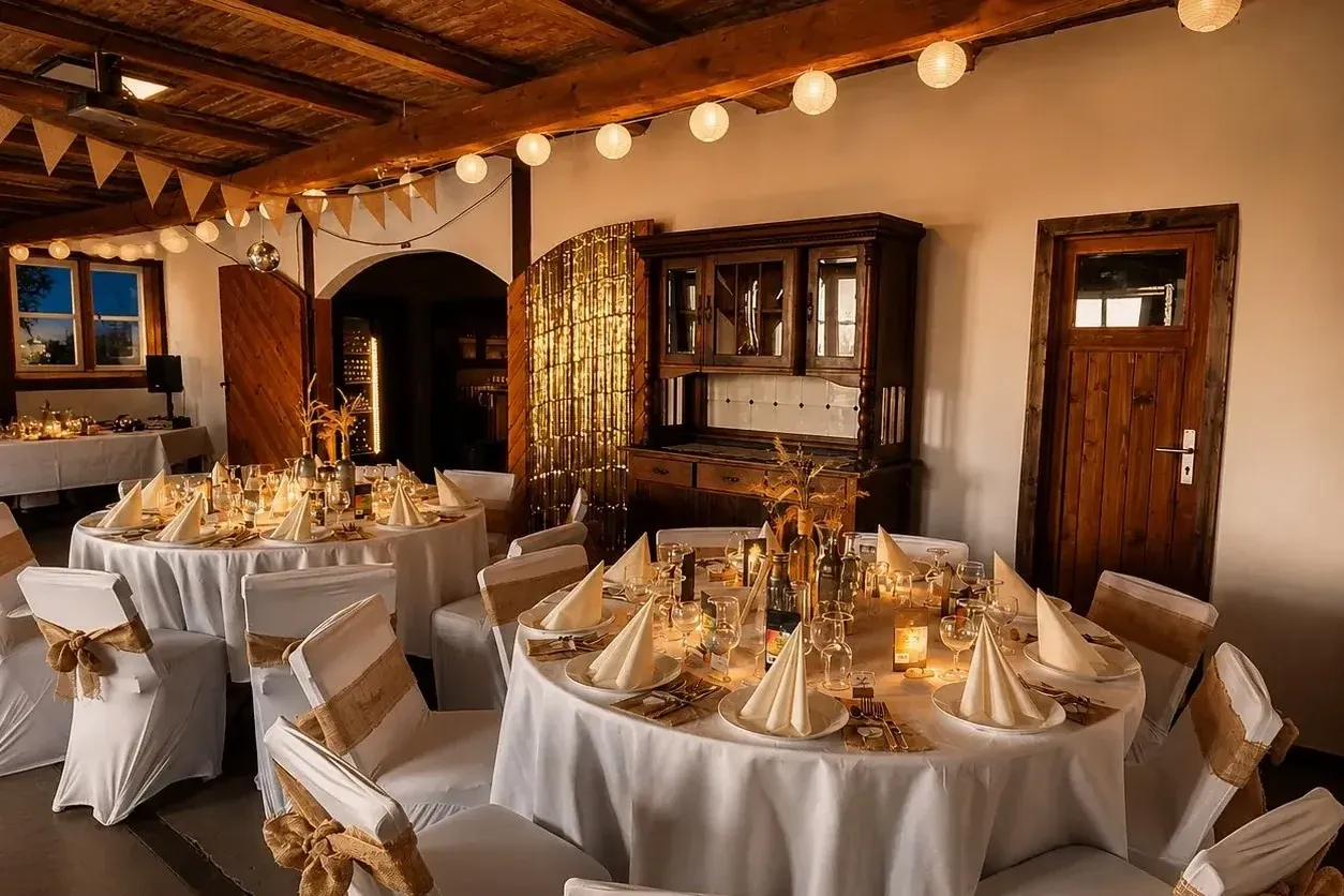 Festtafel mit hussenbezogenen Stühlen, Wimpelkette und Kerzen im Abendlicht