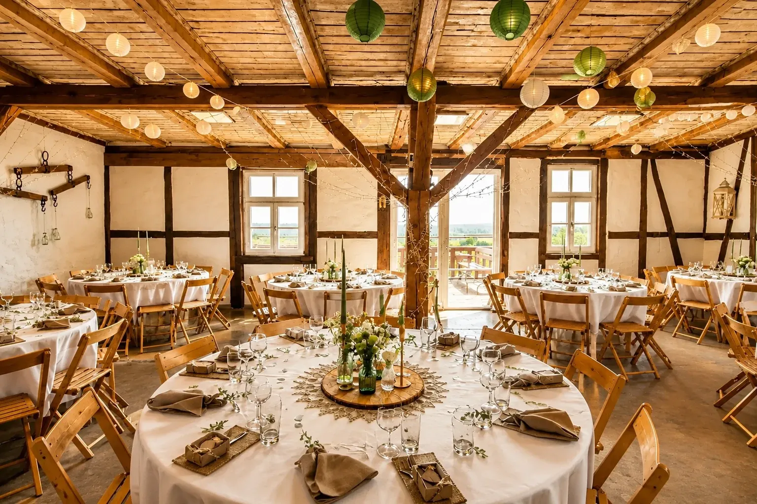Festlich gedeckte Tafel im Fachwerksaal mit Holzbalkendecke und Lampions