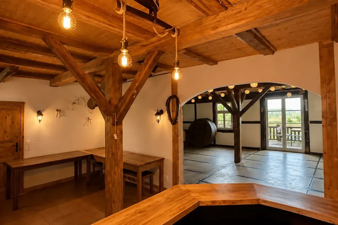 Vorraum mit Holztischen und Bogen zum Saal mit Terrassentür