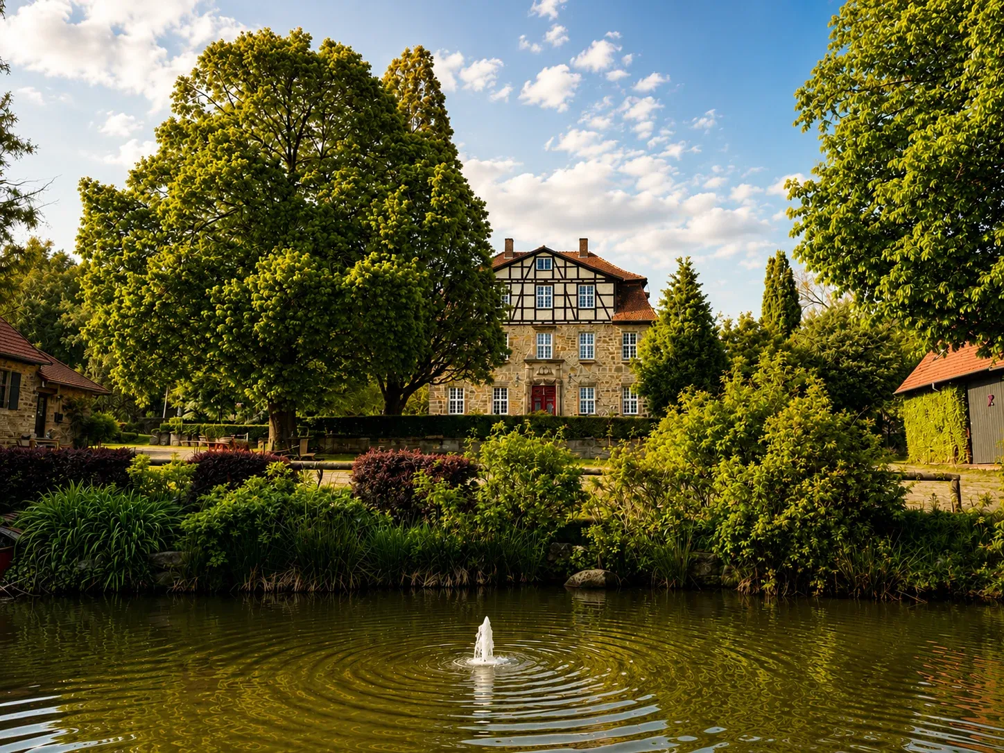 Historisches Gutshaus hinter dem Teich mit Springbrunnen und altem Baumbestand
